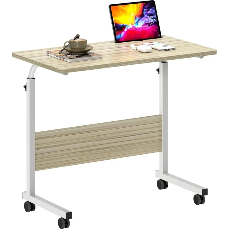 SogesHome Laptoptisch 80 * 40cm höhenverstellbar PC-Tisch mit Rollen, Betttisch, Beistelltisch,Kleiner Schreibtisch,Oberfläche mit Einschnitt