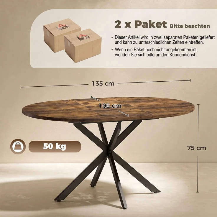 Ausziehbarer Esstisch für 4–6 Personen, Küchentisch in Industrie-Optik mit Spinnenbein, Rustikal-Braun--Rustikal-Braun--75x100x135cm--CHENHAONING – Bild 5