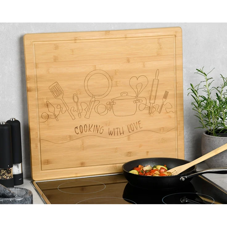 KESPER 58598-13 Schneide- und Abdeckplatte Motiv COOKING WITH LOVE aus Bambus / Herdabdeckplatte / Schneidbrett – Bild 6