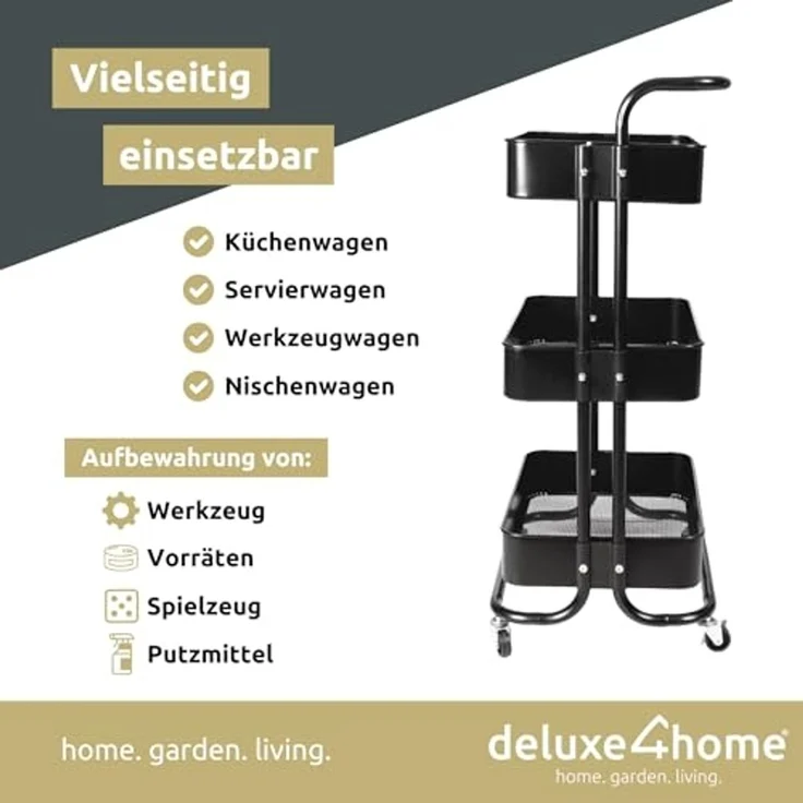 deluxe4home Rollwagen Küchenwagen mit 3 Ablagen I Aufbewahrung Mehrzweckwagen, Rollbar – Bild 5