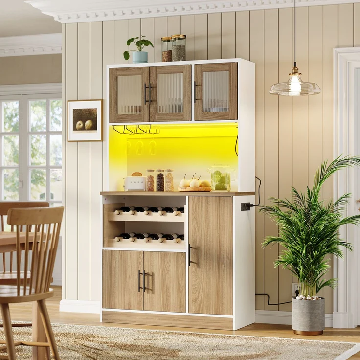 ZUBALIYA Buffetschrank 100 x 40 x 180 cm – Riffelglasfronten, RGB-LED mit Fernbedienung, 2 Steckdosen und USB, Weinregal für 10 Flaschen, MDF, Weiß, Sonoma-Eiche-Optik – Bild 2