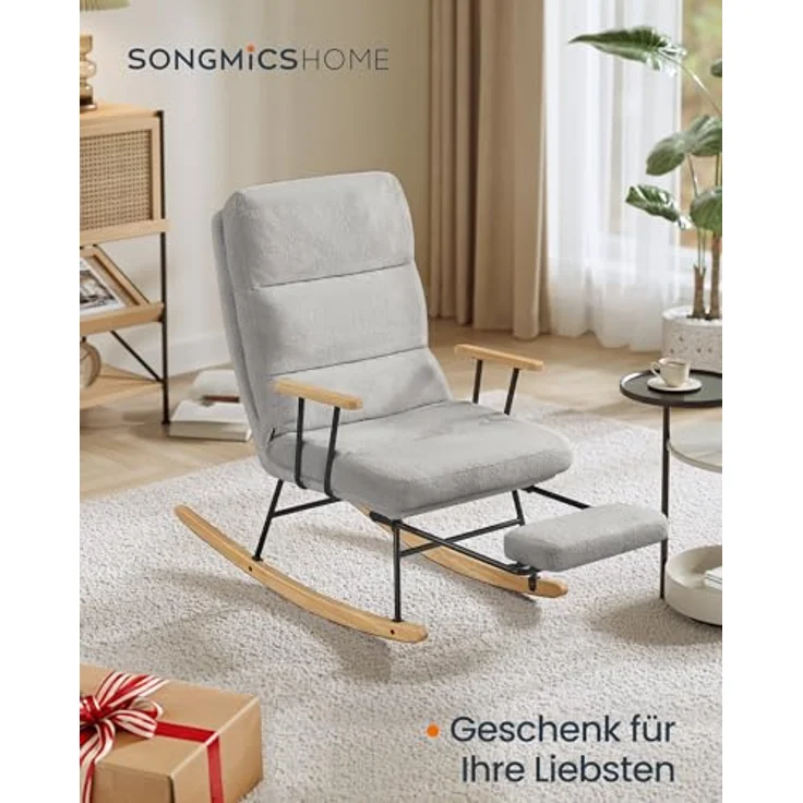 SONGMICS HOME Schaukelstuhl, Füße aus Kautschukholz, Schaukelsessel, Fleece Oberfläche, 4-Fach verstellbare Rückenlehne, bis 160 kg belastbar, für Schlafzimmer, Wohnzimmer, Taubengrau LYY016GD01 – Bild 5