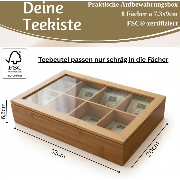 LS-LebenStil Teebox Holz Aufbewahrungsbox Teebox 8 Fächer mit Deckel Teekiste Schmuckkiste, Bambus, (Nachhaltiger Organizer - durchsichtiger Glasdeckel, 1-tlg, Holzkiste Schmuckkiste Schmuckkasten Schmuckkästchen), Aufbewahrung für Teebeutel, Tee, Schmuck – Bild 2