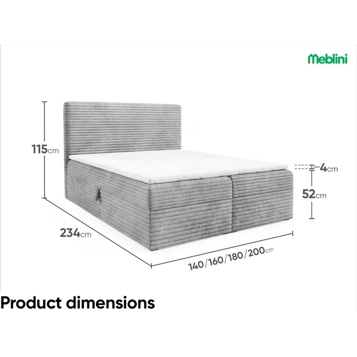 MEBLINI Boxspringbett TALIA 140x220cm - H3/Grau Cordstoff - mit Bettkasten - Gepolstert Doppelbett mit Matratze und Topper - Polsterbett mit Stauraum - Bett mit Kopfteil - Stauraumbett – Bild 7