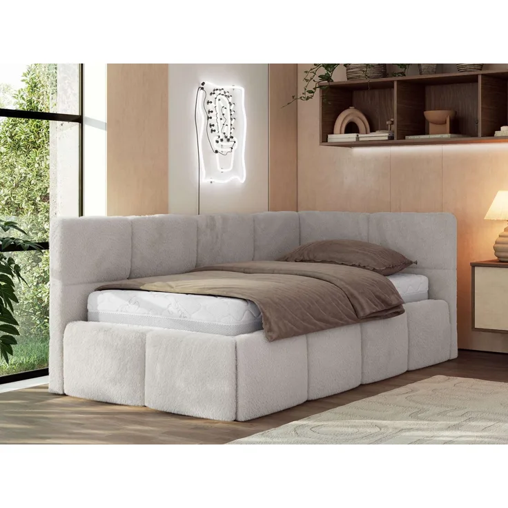 Jugendbett 90x200 ARVO Polsterbett mit Bettkasten, Stauraum & Gasdruckfeder, Modernes Design mit Kopfteil, Foam Matratze - Hellgrau Plüsch - MIRO LUX - Rechts Seite