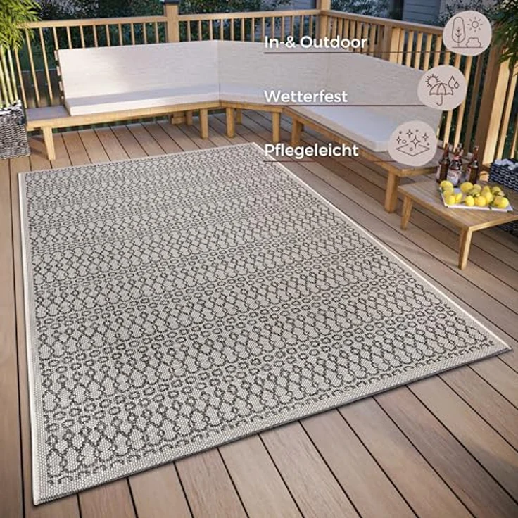 Hanse Home Vanti In- & Outdoor Teppich Wetterfest – Modernes Muster, Wasserfest robuster Aussenteppich Flachgewebe für Garten, Balkon, Terrasse, Wohnzimmer – Beige Grau, 63x120cm – Bild 2