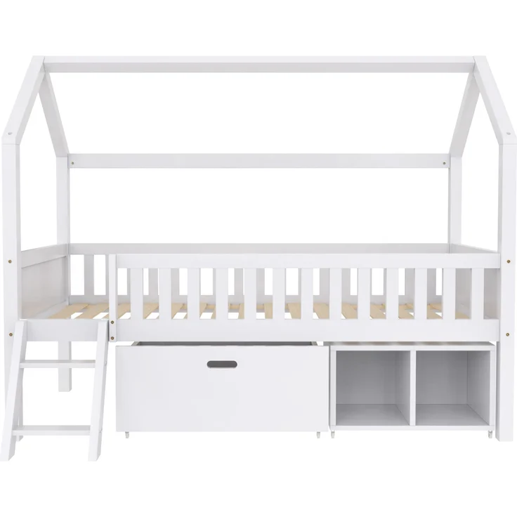 Merax Hausbett Kinderbett Jugendbett 200x90 Mit Schubladen und Ablagefächern Geeignet für Jungen und Mädchen Mit Anti-Drop-Geländer, Weiß – Bild 10
