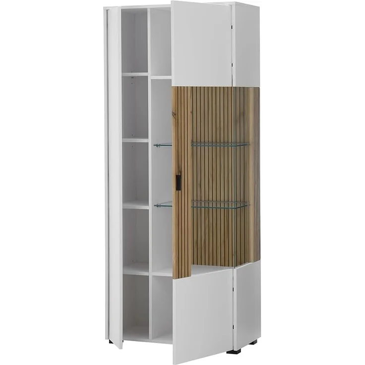 Lomadox Vitrine HUNTER-61 Vitrine Standvitrine Schrank weiß matt Eiche gerillt 75x180x38 cm – Bild 4