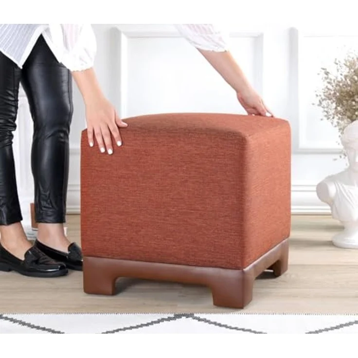 Atelier Del Sofa Stylish Tile Red Pouffe, 50x50x47 cm | 50% Cotton & 50% Linen, 35 DNS Orthopedic Sponge, 6 cm Thickness | Faux Leather Legs, Modern Comfort – Bild 4