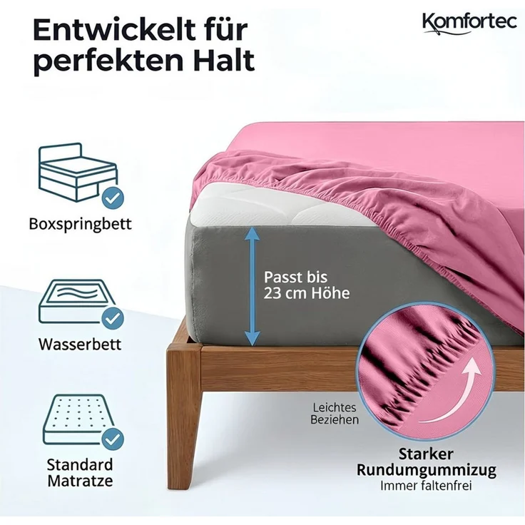 Komfortec Spannbettlaken Jersey Spannbettuch, 90x200, 140x200, 160x200, 180x200 oder 200x200 cm, 100% Baumwolle (135 g/m), Gummizug: Rundum, (2 Stück), OEKO-TEX® Standard 100 Zertifisiert, für Matratzen bis 25 cm Höhe