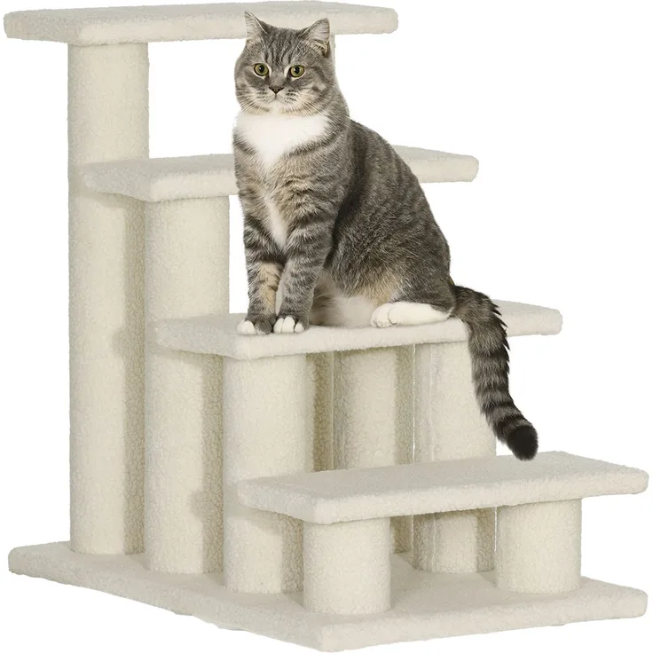 JARDJ Tiertreppe für Hunde und Katzen 4-Stufen Plüsch Beige 63,5x43x60cm ideal für ältere Tiere