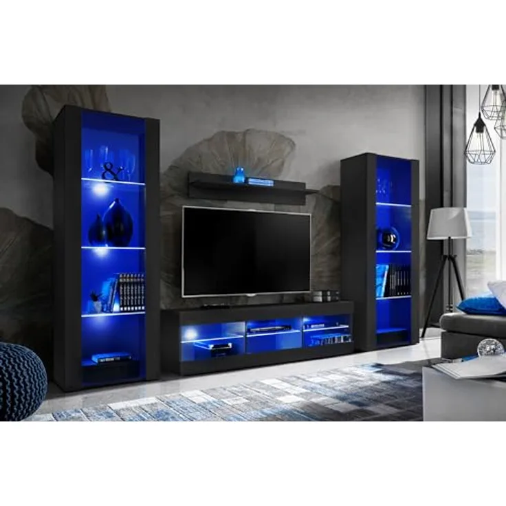Komodee Wohnzimmerset Tivoli Grande, Schwarz, Holzwerkstoff, 9 Fächer, rechteckig, 250x159x35 cm, individuell anpassbar