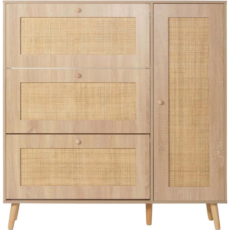 Rattan-Schuhkipper HWC-M37, Schuhregal Schuhschrank, 3 Kippfächer 2 Regalböden 127x120x24cm Holz Melamin ~ Eiche-Optik – Bild 7