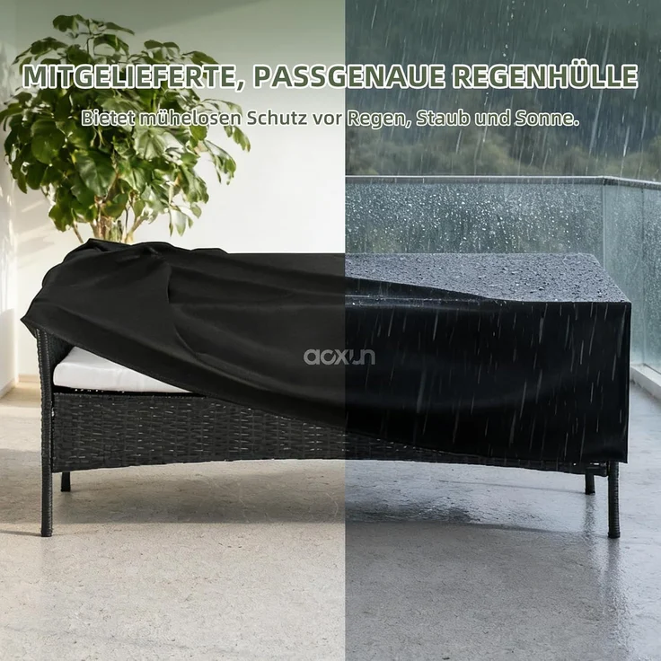 Aoxun 2-Sitzer-Gartenbank aus Rattan, extrabreite Outdoor-Zweisitzerbank mit seitlichem Ablagetisch 144x62x80cm, bequemes Terrassenmöbel-Set mit Kissen und Regenschutz für Garten, Balkon, Cremefarben – Bild 5