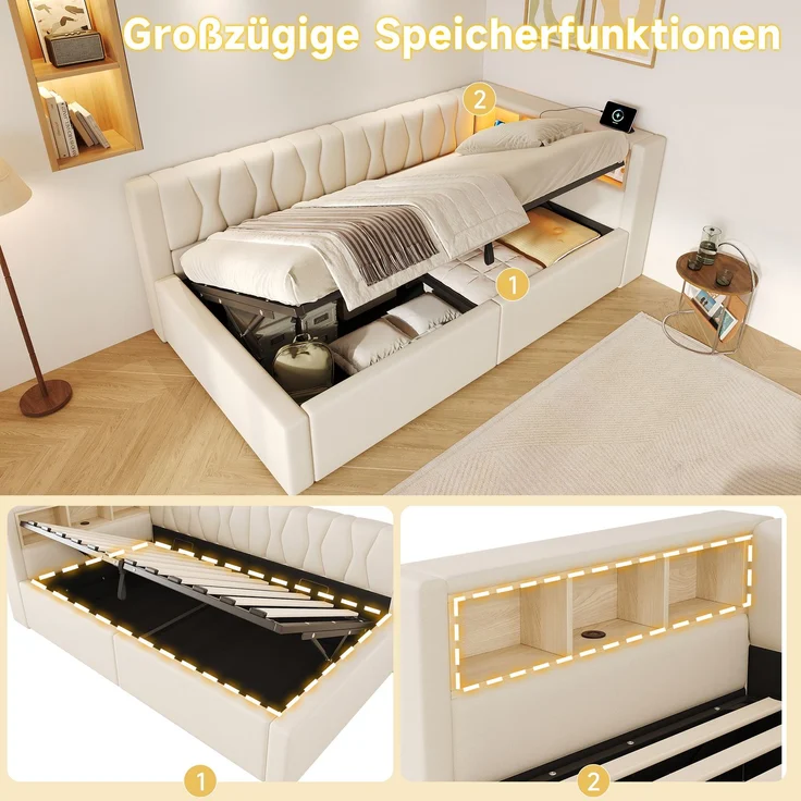 Daybett, Tagesbett, Schlafsofa,90x200cm, Ohne Matratze, Hydraulische Lagerung, mit dimmbarer LED-Leiste, mit praktischem Regal, mit USB-Anschluss, Beige – Bild 7
