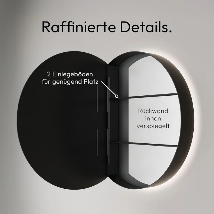 Talos Picasso Style Spiegelschrank schwarz Ø 60cm - mit hochwertigem Aluminiumkorpus - Modernes Badezimmermöbel mit austauschbarer LED Beleuchtung - Badspiegel mit praktischem – Bild 7
