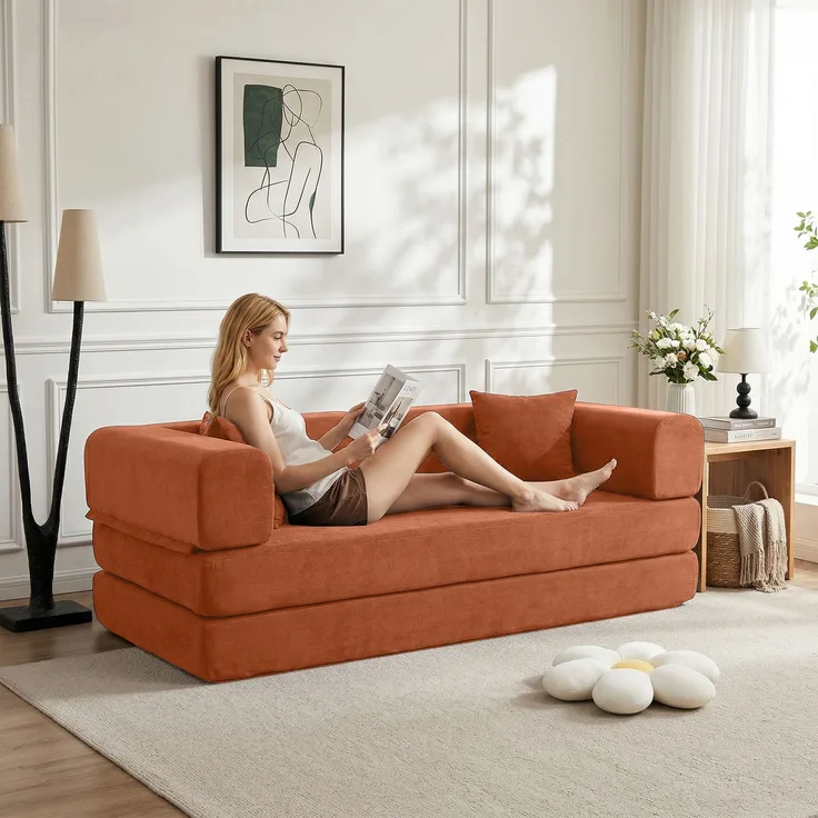 EINHOM Convertible Schlaf-er Sofa Bed mit Cylindrical Kissen, Corduroy Folding Mattress Sofa mit Fixed-Shape Frame, Floor Sofa Lounge Sofa für Wohnzimmer Schlafzimmer Lounge Studio (Orange Red)