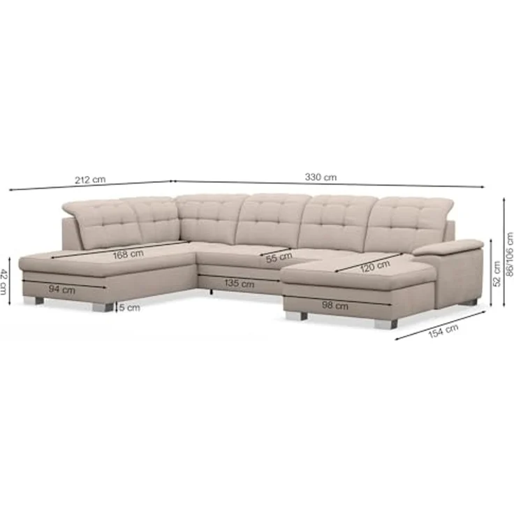 Selsey Ecksofa 330 x 212 cm U-Form Creme Modular Couch Sofa Mit Schlaffunktion Ottomane Sofa Mit Stauraum/Bettkasten verstellbare Kopfstützen Wasserabweisend, Abriebfest Linkse Seite – Bild 2
