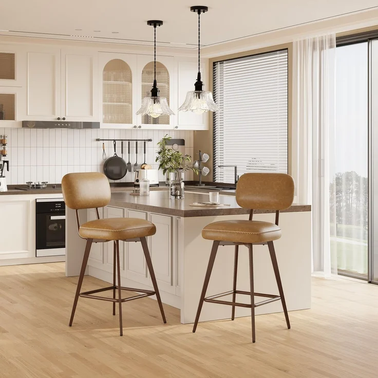 MALOL 360° Drehbarer Barhocker, Leder Bar Hocker 2er Set mit Rückenlehne, StilErgonomischer Barhocker mit Fußstütze, Moderner Küchenhocker mit Metallbeine für Theke, Bar, Esszimmer, Braun