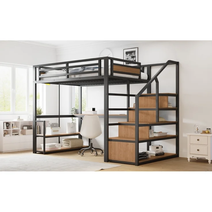 Metall-Hochbett mit Aufbewahrungsleiter,Regalen und Tisch Sicherheitszaun-Design mit gespleißten Metallplanken Hohes Eisenrahmenbett mit Metallrahmen für stabile Unterstützung,Metall,Schwarz,140 x 200 cm – Bild 4