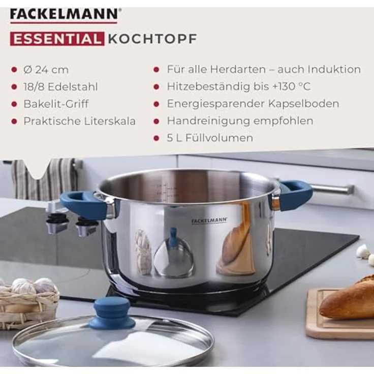Fackelmann Kochtopf Essential Ø 24 cm aus Edelstahl – Modernes Design, ergonomische Softtouch-Griffe, für alle Herdarten geeignet, Blau – Bild 4