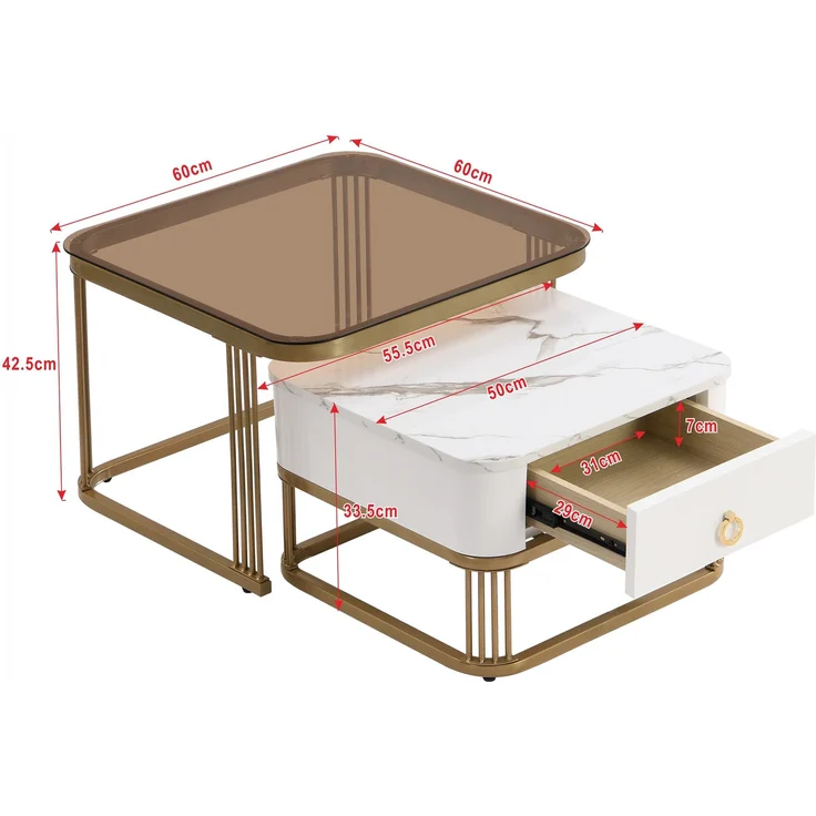 Couchtisch set 60×60+50×50 cm Hochglanz Marmoroptik Weiß und Gold und Teebraun,Kaffeetisch mit Schublade – Bild 8