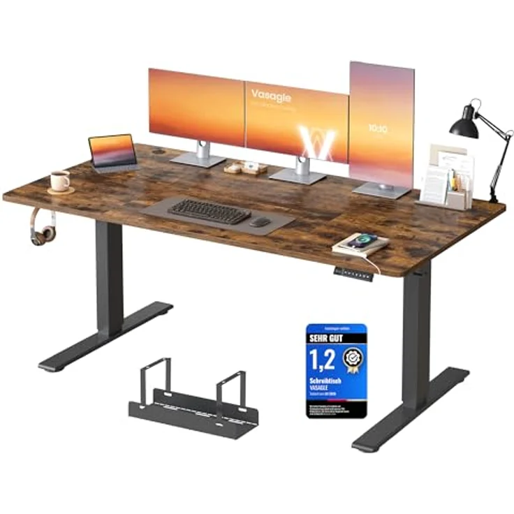 VASAGLE Höhenverstellbarer Schreibtisch, 160x80 cm, USB-C-Anschluss, Ablage für Steckdosenleiste, Stehtisch, Erinnerung bei langem Sitzen, 3 Speichertasten, für Büro, vintagebraun LSD146KD02 – Bild 2