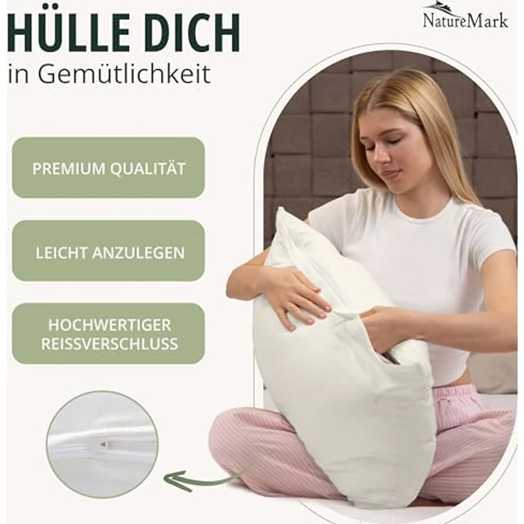 NatureMark 2er Pack Jersey Kissenbezug Kissenhülle Kissenbezüge Seitenschläferkissen Nackenkissen viele Größen und Farben ÖKO-TEX (40x60 cm (Nackenkissen geeignet), Natur/Creme) – Bild 6