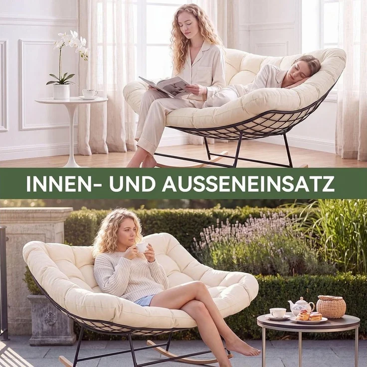 AOXUN Schaukelstuhl XXL Doppelschaukelstuhl für Innen & Außen, bis 200 kg belastbar (1 St), Ergonomischer Groß-Sitz mit dicker PP-Polsterung, einfache Montage – Bild 4