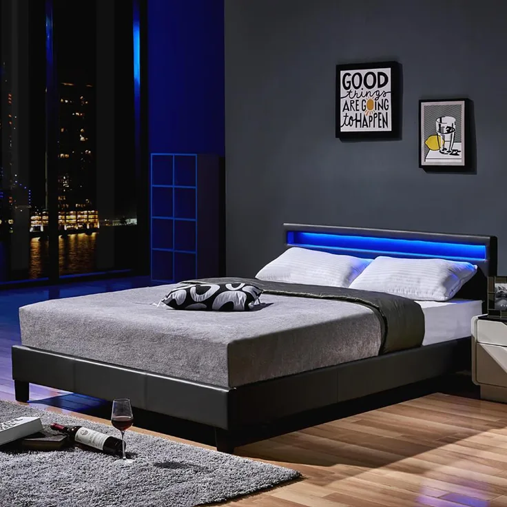 Home Deluxe 'Astro' Polsterbett mit LED-Beleuchtung und Matratze, Kunstleder, Dunkelgrau, 140x200 cm