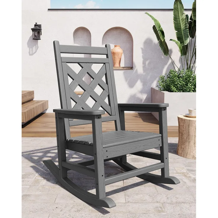 GarveeHome Wetterfester Schaukelstuhl Aus HDPE, Outdoor-Loungesessel Mit Karierte Rückenlehne Und Armlehnen, Großer Schaukelstuhl Mit Hoher Rückenlehne, Für Pool Und Terrasse, 61 x 89 x 102 cm