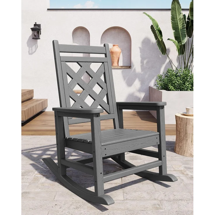 GarveeHome Wetterfester Schaukelstuhl Aus HDPE, Outdoor-Loungesessel Mit Karierte Rückenlehne Und Armlehnen, Großer Schaukelstuhl Mit Hoher Rückenlehne, Für Pool Und Terrasse, 61 x 89 x 102 cm