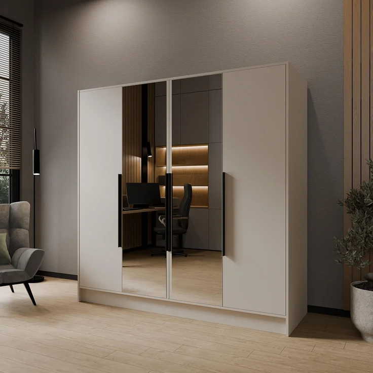 MEBLINI Kleiderschrank LUSINDA 200cm - Kaschmir - mit schwarzen Griffen - Drehtürenschrank mit zwei Spiegeln - Kleiderstangen und Regalböden – Bild 2