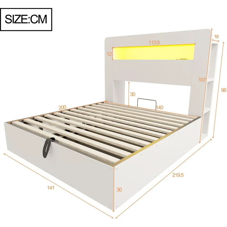Bettgestell mit Stauraum aus Holz, hydraulischem Hubsystem, LED-Kopfteil, integrierten Steckdosen und Staufächern, modernes Plattformbett in Weiß 140*200 – Bild 7