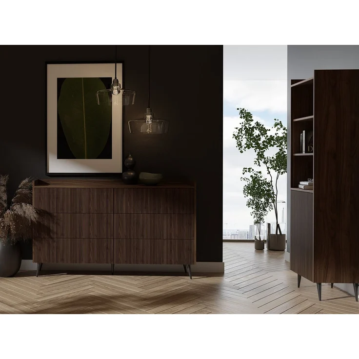 Beautysofa Kommode AMFALI mit 3 Schubladen und Tür (Push-to-open, geriffelte Fronten, schwarze Metallbeine), Frühlings-Eiche, Nussbaum oder Cashmere – Bild 4