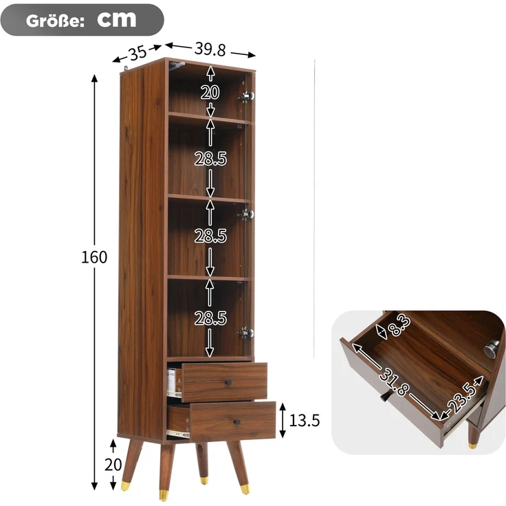 Moderner Hochschrank mit Glastür, Vitrinenschrank mit verstellbaren Regalen und 2 Schubladen, Standschrank für Wohnzimmer, Bad & Büro in Nussbaumholz-Optik--Nussbaum--39.8x35x160cm--YOUDENOVA – Bild 6