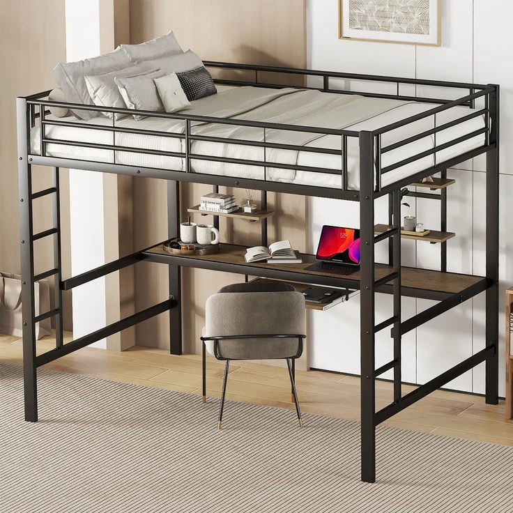 EINHOM Bettgestell Metallbett, Eisenbett, Hochbett mit Schreibtisch und Zwei Bücherregalen für Kinder, Jugendliche und Erwachsene, 140 x 200 cm, Schwarz (Ohne Matratze) – Bild 7