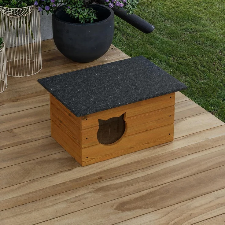 QLS Katzenhaus Isoliert aus Holz 60x40x40 cm, Outdoor Draußen Winterfest mit Vorhang, Teak – Bild 4