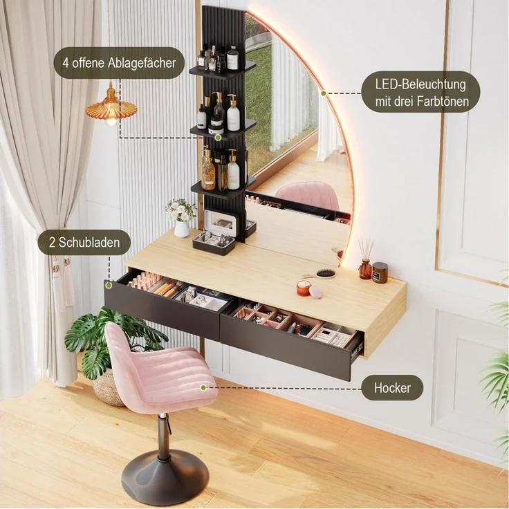 HOMALL Schminktisch Hängender Schminktisch mit LED-Beleuchtung (Maße: 106 × 40 × 143 cm, mit 3 offenen Ablagefächern, 2 Schubladen und drei einstellbaren Farbtemperaturen) – Bild 4