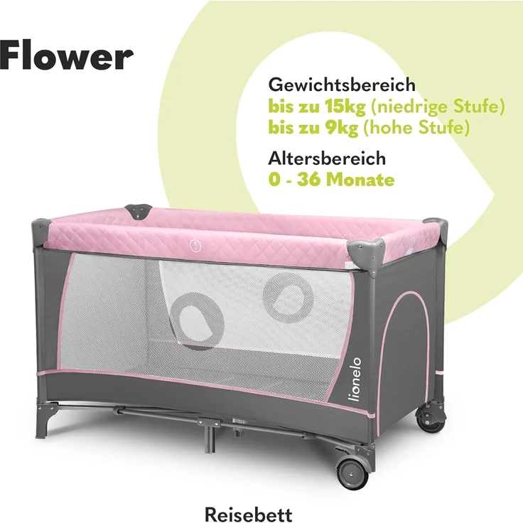 Lionelo Flower 4in1 Reisebett Baby mit Seiteneingang, Wickeltisch, Zwei Matratzenaufhängungshöhen, Spielzeugbogen mit Spielfiguren, Rollen, Tragetasche – Bild 2