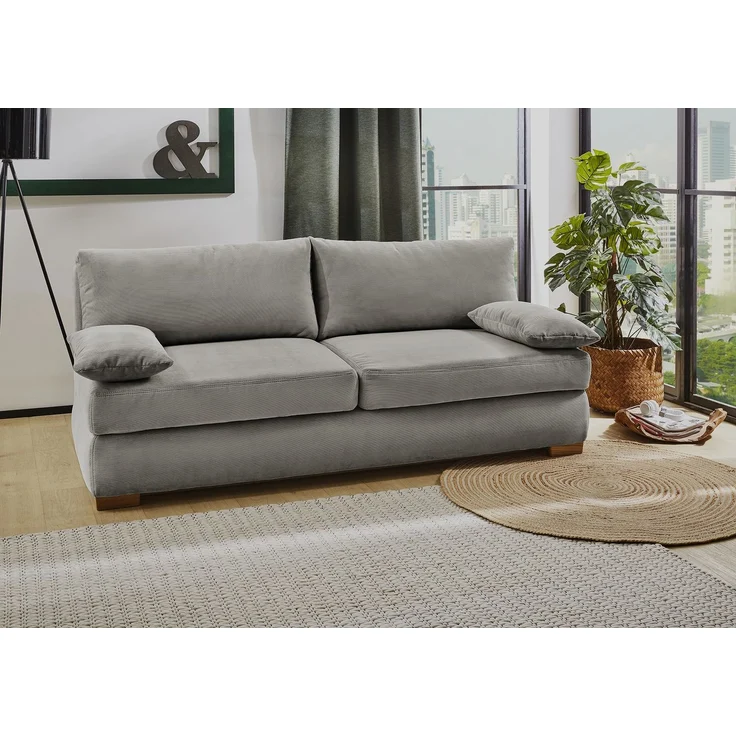 Dauer-Schlafsofa Federkern Couch mit Topper und Bettkasten in Feincord Hellgrau – Bild 2