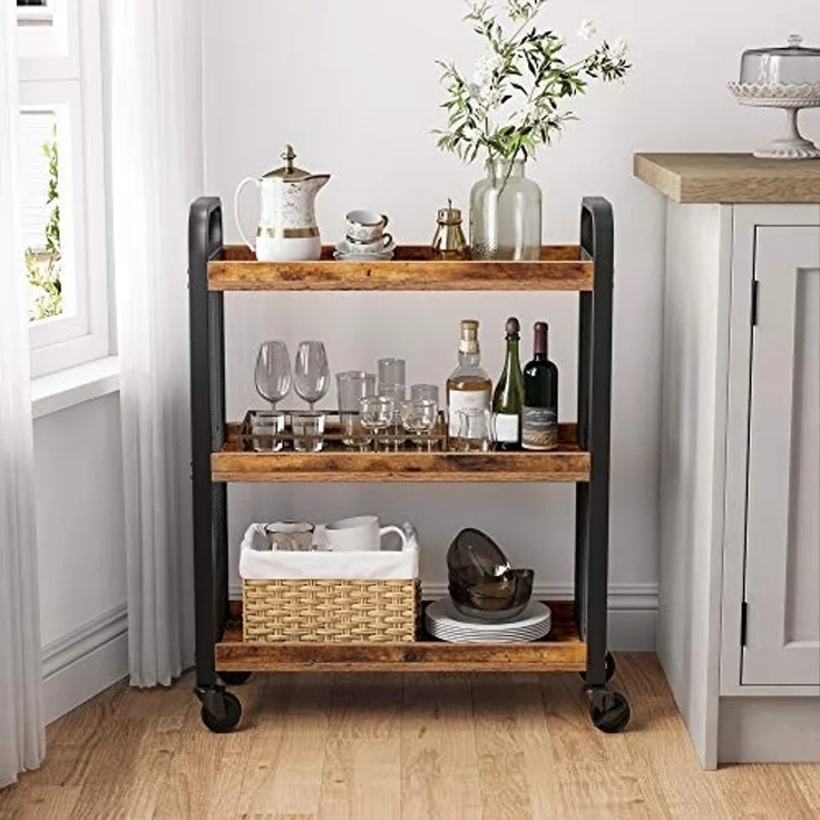 Vasagle Servierwagen, platzsparender Küchenwagen mit Universalrollen, Küchenregal mit verstellbaren Füßen, stabiles Metallgestell, 66 x 26 x 85 cm, Industrie-Design, Vintage, Dunkelbraun von Songmics LRC66BX – Bild 2