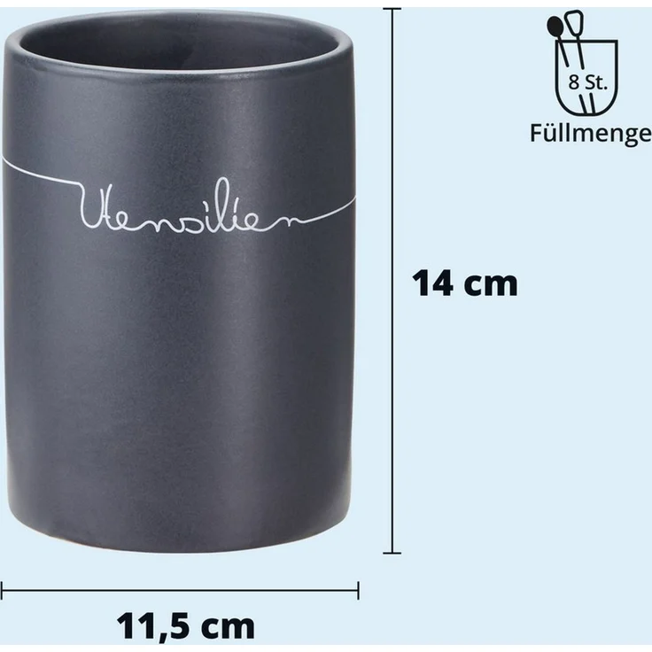 KHG Utensilienhalter Küche Keramik Steingut poliert, Küchen Utensilienhalter Anthrazit Grau mit Beschriftung, Kapazität für ca. 8 Küchenhelfern, Küchen Halter rund Höhe 14 cm & 10,5 cm – Bild 3