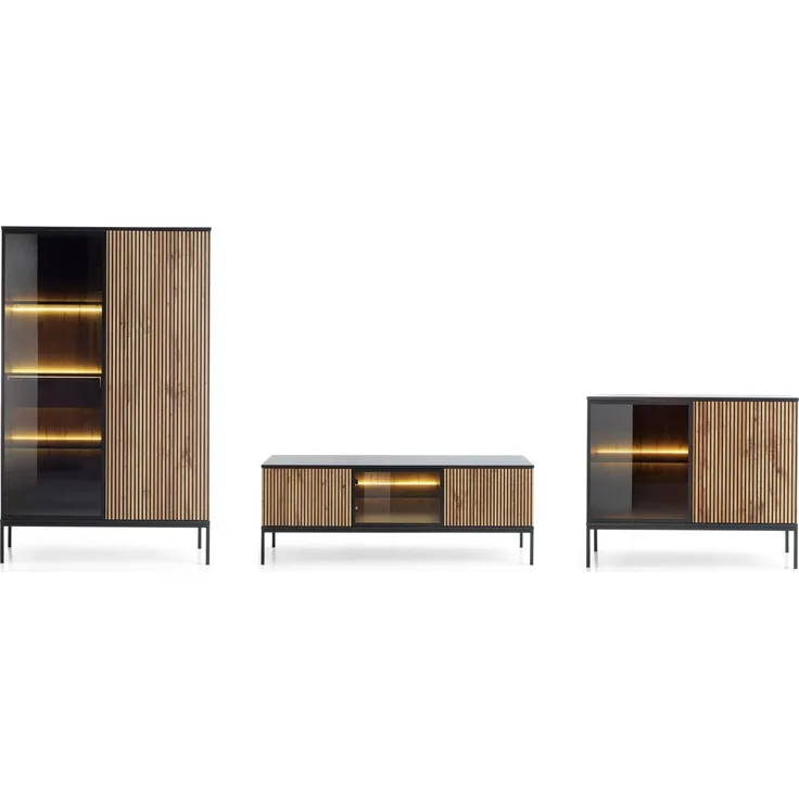Wohnzimmer-Set Wohnwand Sento 3-teilig schwarz Wotan Eiche MDF