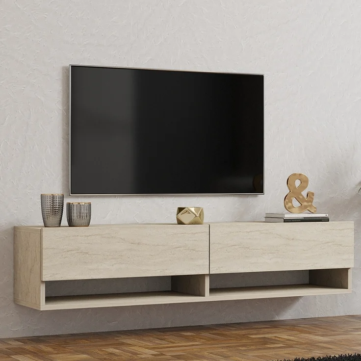 Calicosy Hängendes TV-Möbel mit 2 Klapptüren, Travertin-Dekor L141 cm - ARGES - Beige – Bild 5