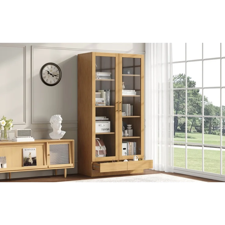 Glasvitrine (Büroschrank/Bücherregal/Aktenschrank/Aufbewahrungsregal) – Versetzte, nicht verstellbare Fachböden, grifflose Push-To-Open-Schubladen, 80*40*160 cm, Holzfarbe--Naturholz--80x40x160cm--YOUDENOVA – Bild 10