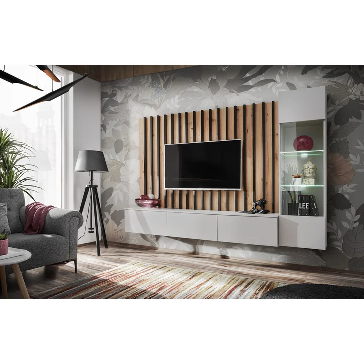 Wohnwand Verti mit Beleuchtung in Perla Gray und Artrisan mit Lamellenplatte 220 x 148 x 35 cm 3-teilig – Bild 1