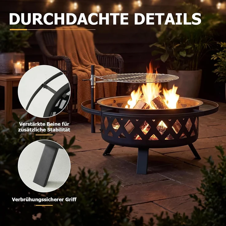 Aoxun Feuerschale mit Grillrost und Funkenschutz, 2-in-1 Feuerstelle für Garten & Terrasse, 360° Schwenkgrill mit Höhenverstellung, 77x77x53,5cm, Outdoor Feuerkorb zum Grillen und Heizen,Schwarz – Bild 5