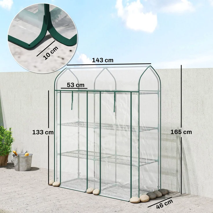 MELAYR, Kleines Gewächshaus mit 3 Etagen, 2 Rolltüren, Stahlrahmen, Kunststoffabdeckung, 143 x 46 x 165 cm, Transparent – Bild 5