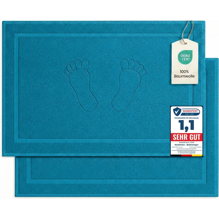 Komfortec Badvorleger Set 2 Teilig, Frottee Duschvorleger, Waschbar Duschmatte & Badteppich, 800 g/m² &100% Baumwolle, Saugfähig & Schnelltrocknend, 50x80 cm, Türkis